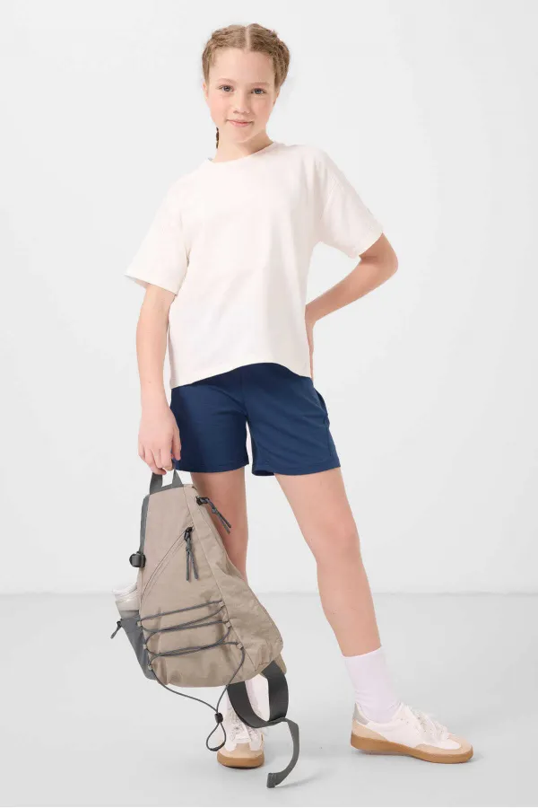 Ensemble short basique pour fille Tommylife en coton doux texturé, coupe standard, référence 75184, couleur écru, Parlement