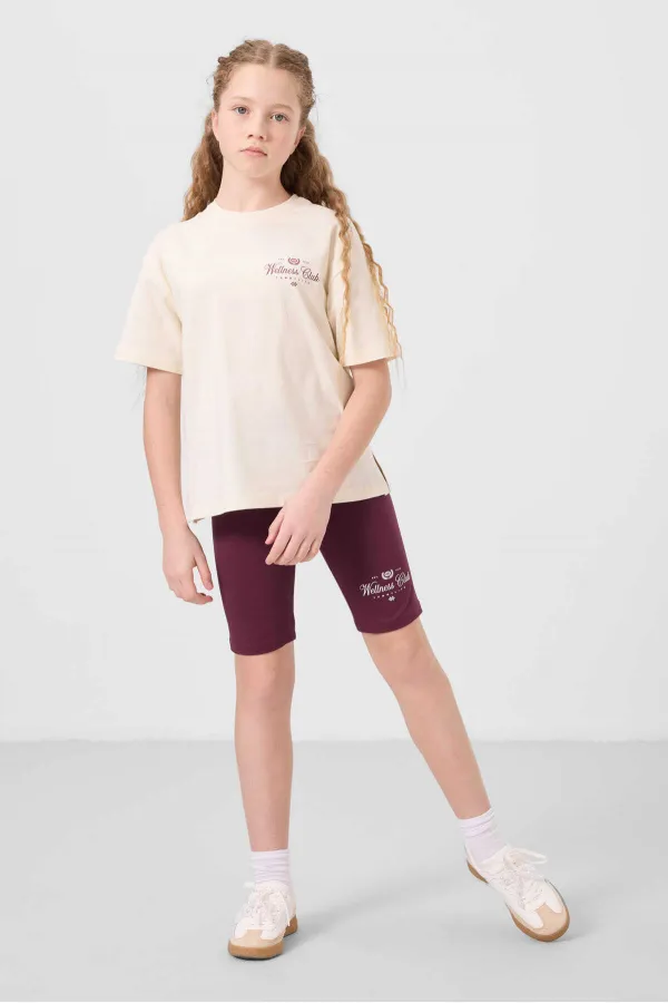 Tommylife Toptan Pamuklu O Yaka Standart Fit Baskılı Kız Çocuk Tayt Takım 75190 Ekru Bordo