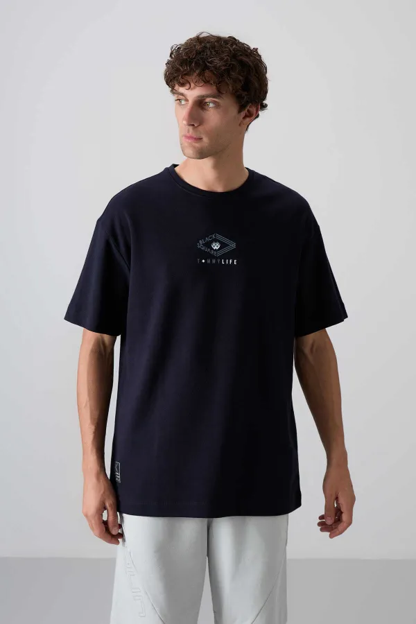 Tommylife Wholesale Crew Neck Oversize Printed Men's T-Shirt 88325 Navy Blue