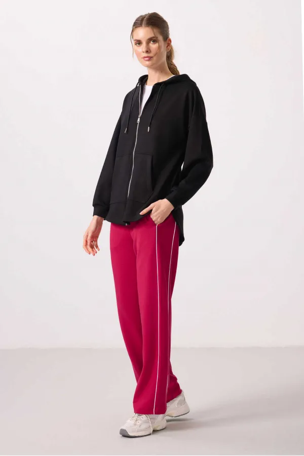 Tommylife Toptan Yumuşak Dokulu Kapüşonlu Oversize Kadın Tunik Sweatshirt - 97302 Siyah