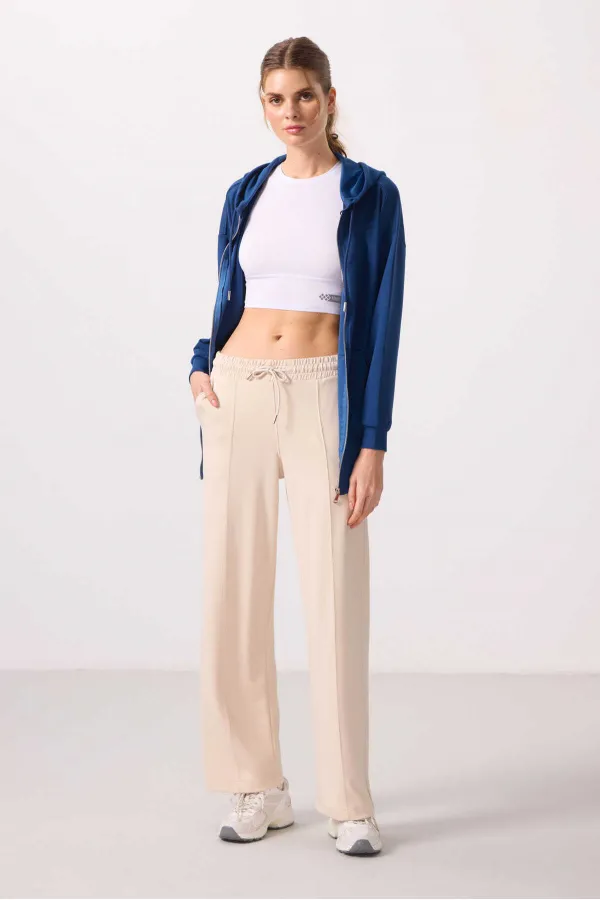 Pantalon palazzo pour femme Tommylife, en tissu doux, avec poches et surpiqûres apparentes - Beige 94670