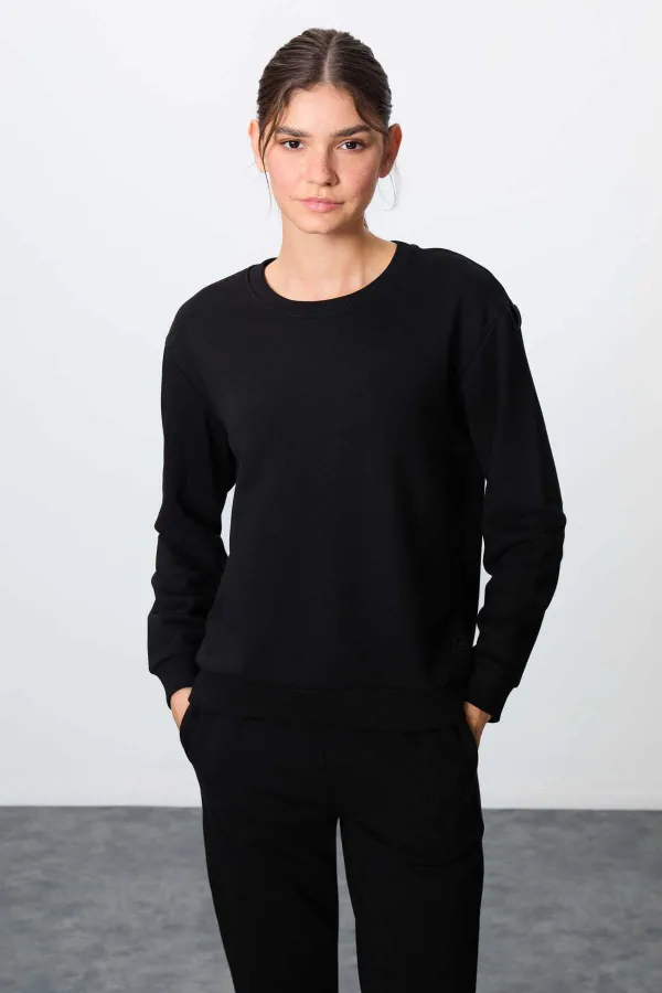 Tommylife Toptan Oversize O Yaka Jogger Kadın Eşofman Takımı 95341 Siyah