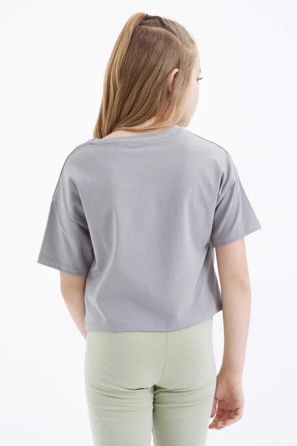 Tommylife Wholesale Grey Oversize Colorful Printed Drop Shoulder Crew Neck Girls Crop T-Shirt - 75038