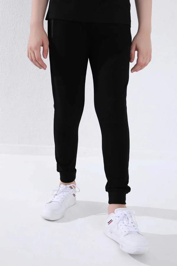 Pantalon de jogging noir pour garçon Tommylife, avec poche zippée, coupe standard et ourlets resserrés - 64042