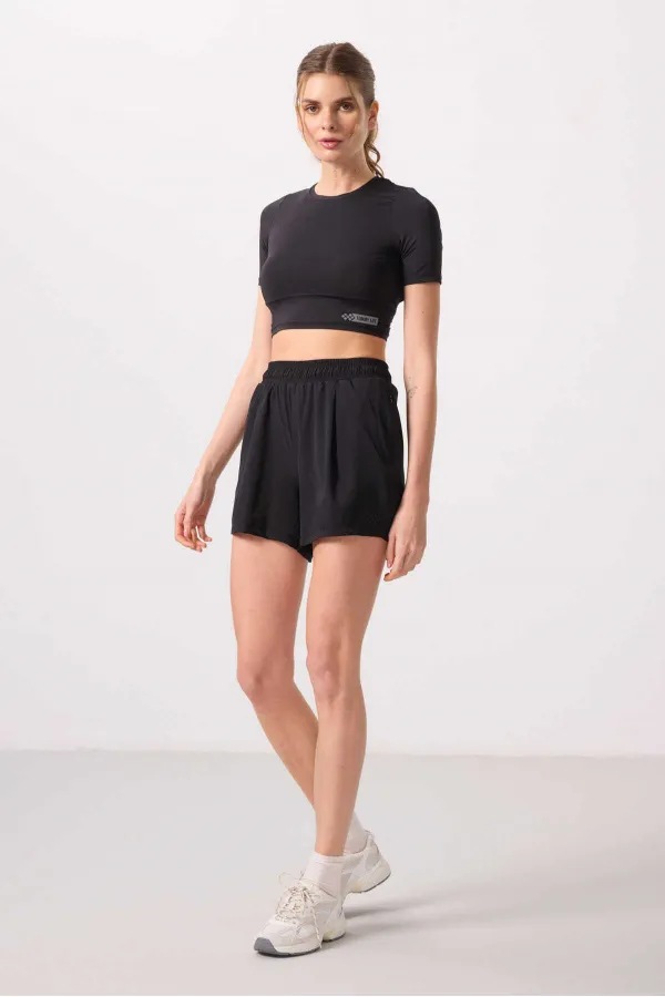 Tommylife Toptan Polyester Gizli Cep Fermuarlı Rahat Form Kadın Şort - 91014 Siyah