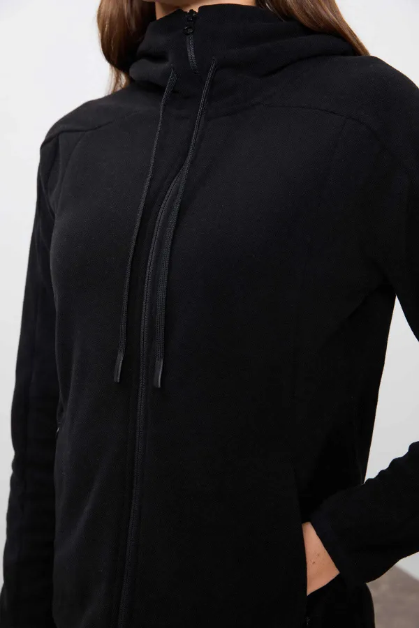 Tommylife Toptan Kapüşonlu Standart Kalıp Fermuarlı Kadın Polar Sweatshirt 97287 Siyah