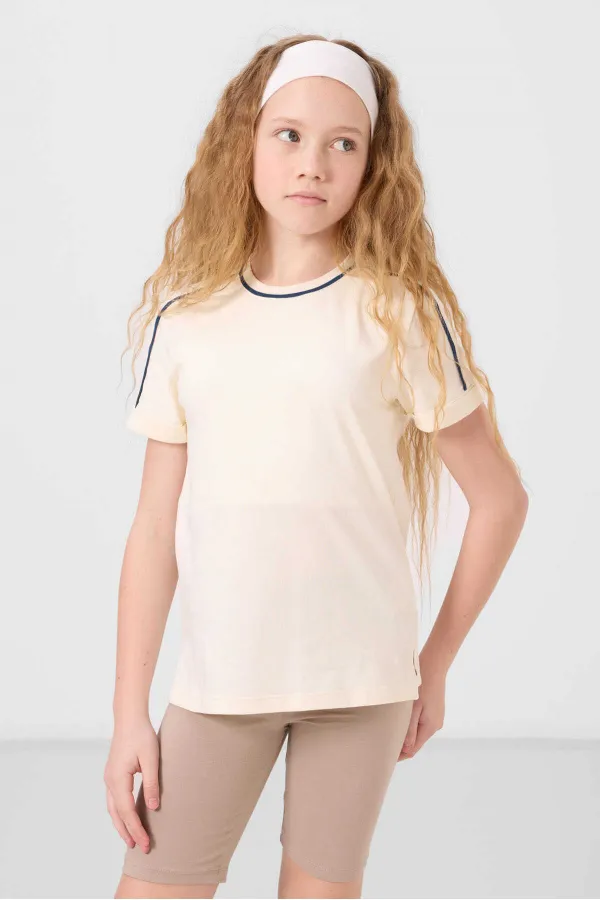 Tommylife Toptan Pamuklu O Yaka Oversize Fit Baskılı Kız Çocuk T Shirt 75177 Ekru