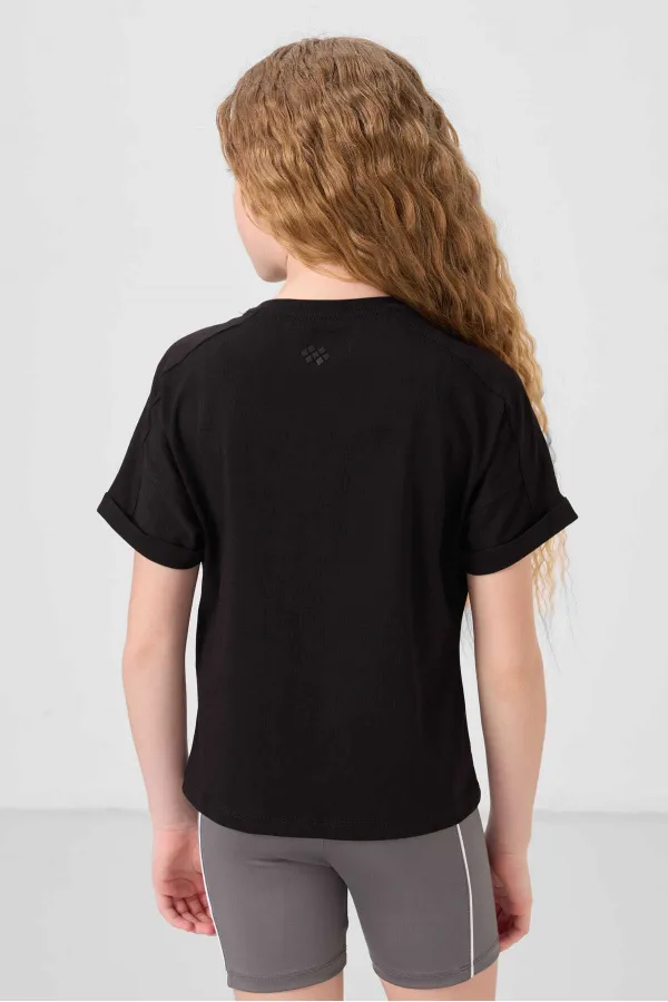 Tommylife Toptan Pamuklu O Yaka Oversize Fit Basic Kız Çocuk T Shirt 75182 Siyah