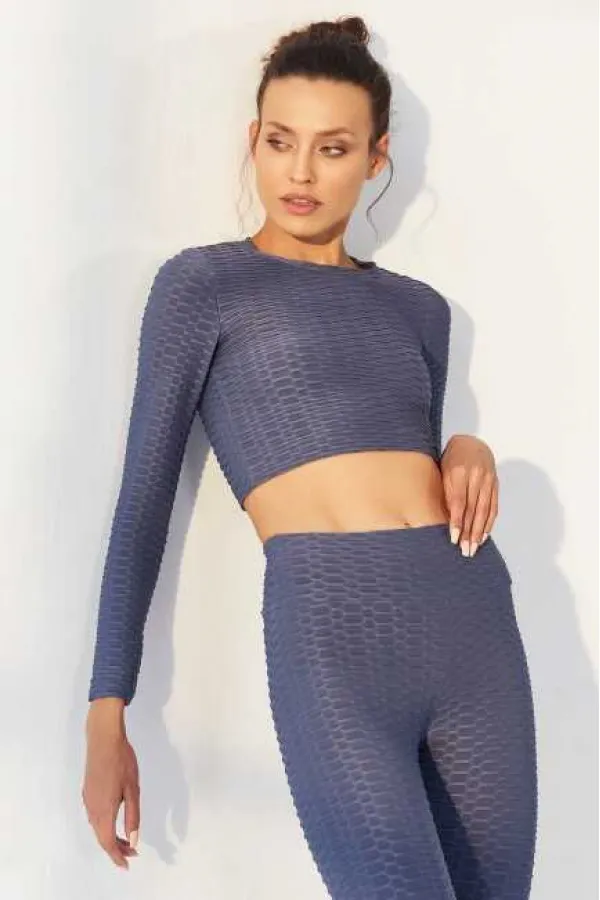 Tommylife Toptan Petrol Kendinden Desenli O Yaka Uzun Kol Kadın Crop Top T-Shirt - 97153