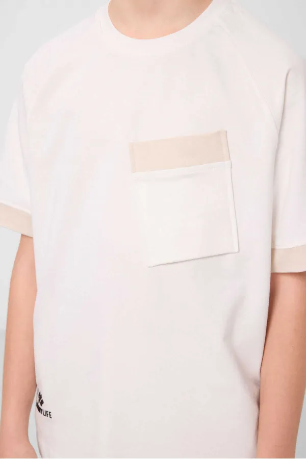 Tommylife Toptan Pamuklu Yumuşak Dokulu Oversize Cep Detaylı Erkek Çocuk T-Shirt 11295 Ekru