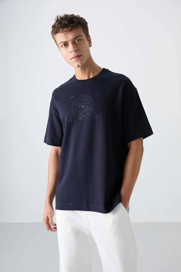 Tommylife Toptan O Yaka Oversize Baskılı Erkek T-Shirt 88324 Lacivert