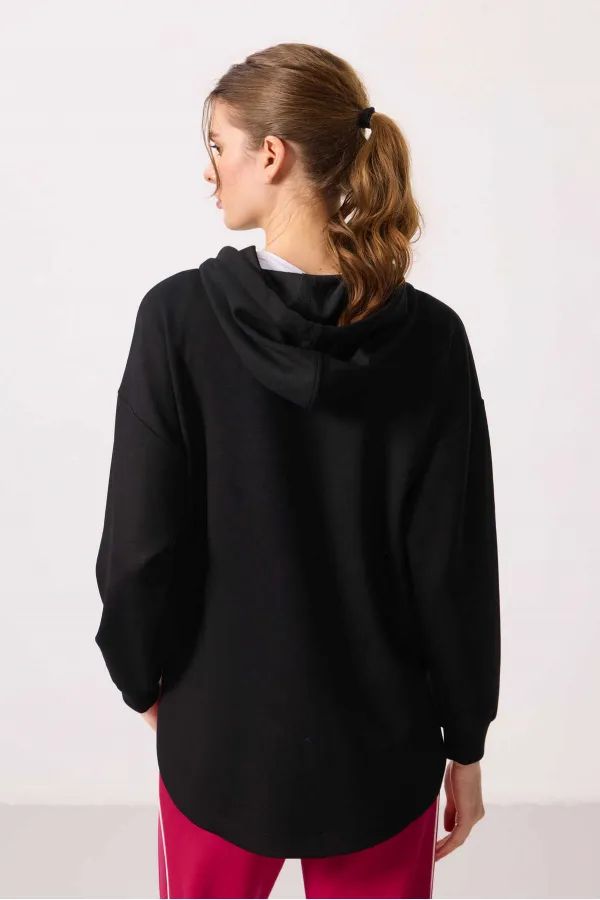Tommylife Toptan Yumuşak Dokulu Kapüşonlu Oversize Kadın Tunik Sweatshirt - 97302 Siyah