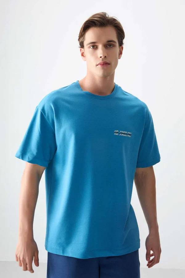 Tommylife Toptan O Yaka Oversize Baskılı Erkek T-Shirt 88375 Petrol Mavi