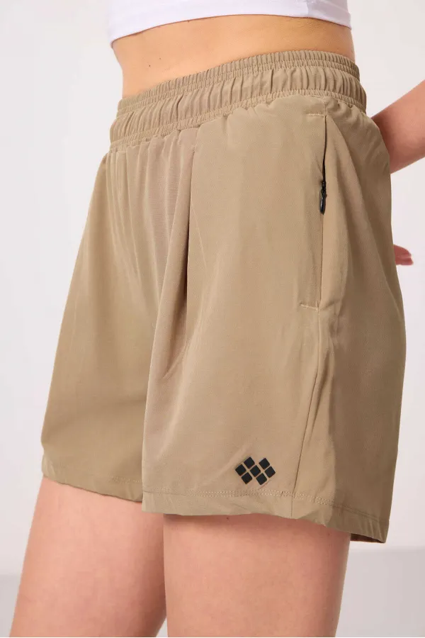 Tommylife Toptan Polyester Gizli Cep Fermuarlı Rahat Form Kadın Şort - 91014 Bej