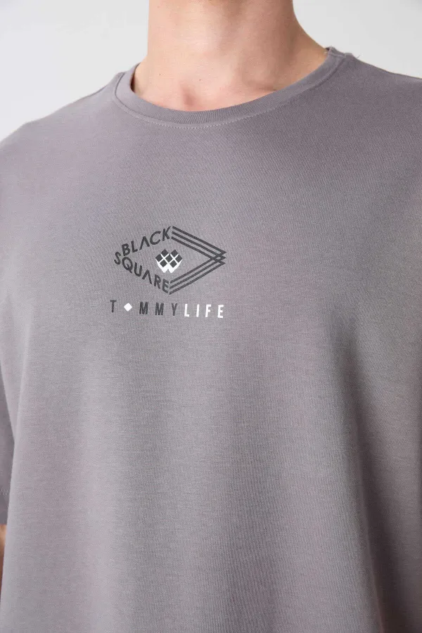 Tommylife Wholesale Crew Neck Oversize Printed Men's T-Shirt 88325 Dark Gray