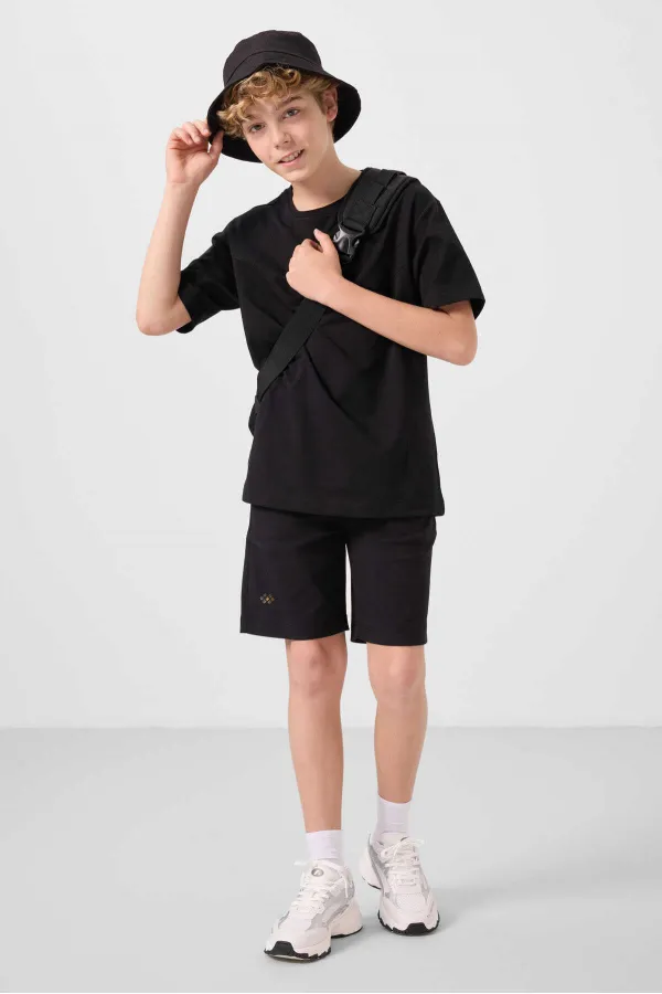 Ensemble short chino garçon Tommylife Wholesale en coton léger et extensible, coupe oversize, noir, réf. 11277