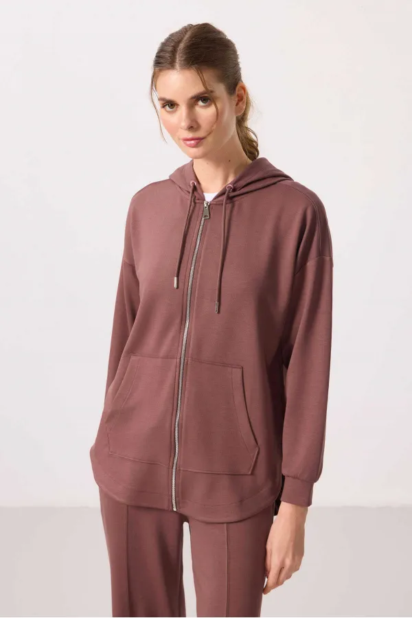 Tommylife Wholesale Soft Texture Hooded Oversize Women's Tunic Sweatshirt - 97302 Brown