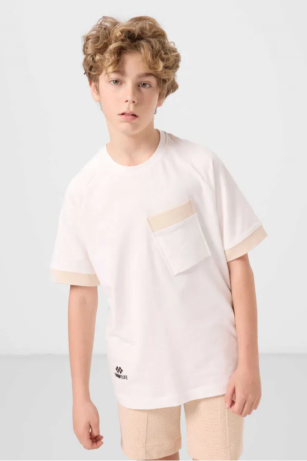 Tommylife Toptan Pamuklu Yumuşak Dokulu Oversize Cep Detaylı Erkek Çocuk T-Shirt 11295 Ekru