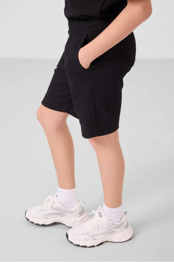 Ensemble short chino garçon Tommylife Wholesale en coton léger et extensible, coupe oversize, noir, réf. 11276