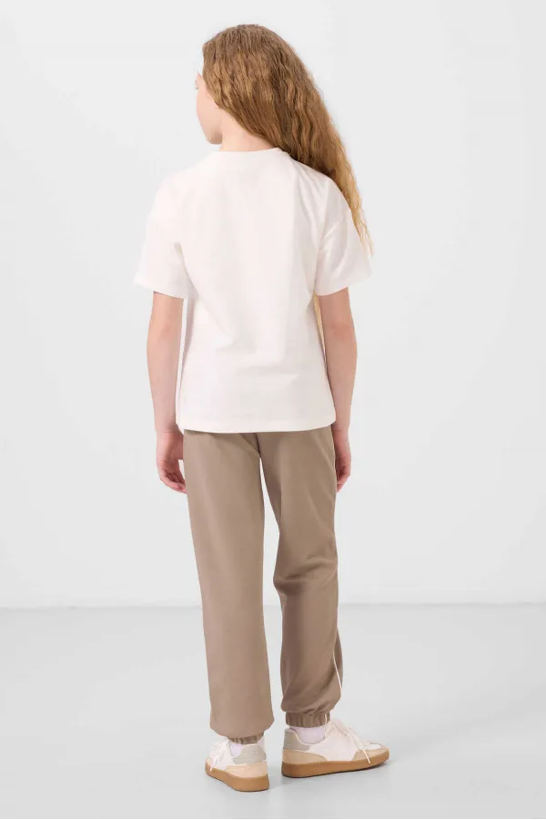 Tommylife Wholesale Crew Neck Printed Elasticated Hem Standard Fit Girls' Tracksuit Set 75186 Ecru Dark Beige