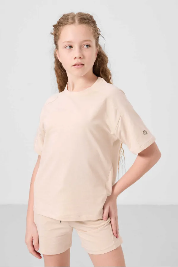 Tommylife Toptan Pamuklu Yumuşak Dokulu Standart Fit Basic Kız Çocuk Şort Takım 75184 Bej