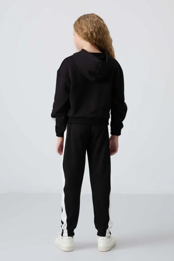 Tommylife Toptan 7-15 Yaş Kapüşonlu Oversize Kız Çocuk Eşofman Takımı 75166 Siyah