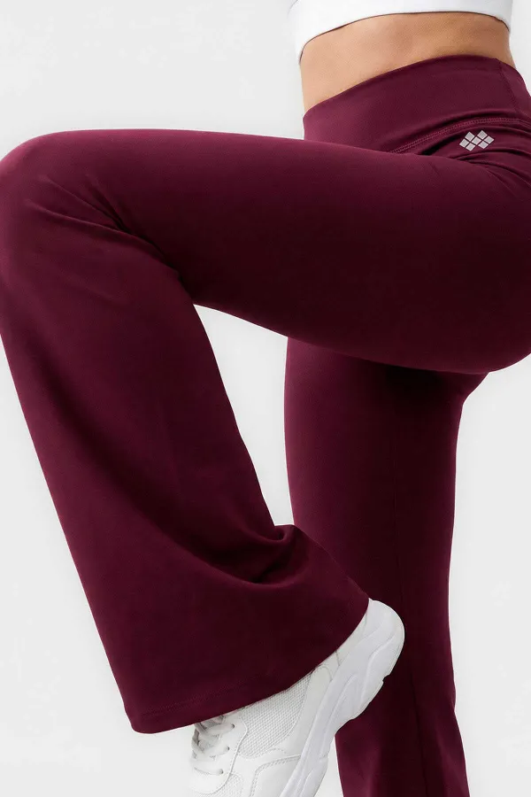 Tommylife Toptan Bordo Esnek Yüksek Bel Spor Performans Kadın İspanyol Paça Tayt - 94686