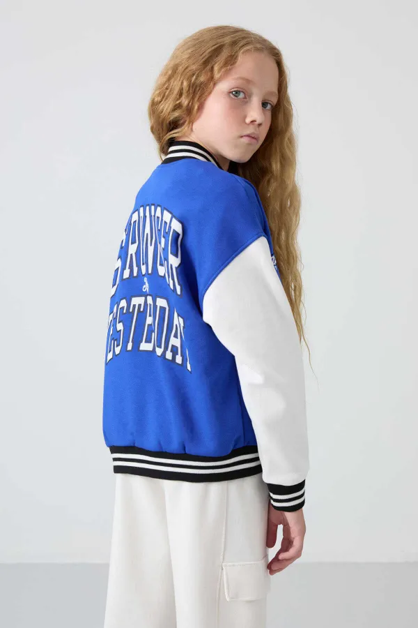 Tommylife Toptan 7-15 Yaş Kolej Yaka Standart Kalıp Kız Çocuk Ceket 75163 Gece Mavi