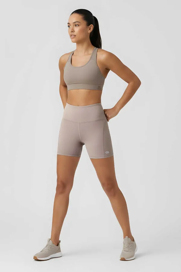 Leggings courts motardes taille haute, coupe slim, beige foncé, Tommlife Wholesale - 91017