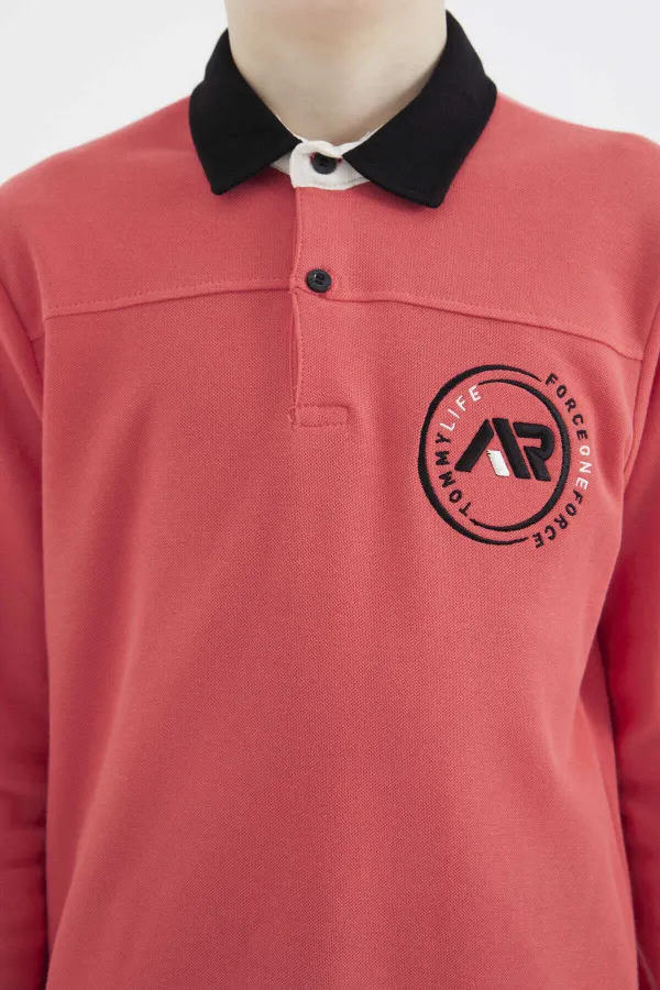 Tommylife Toptan Garson Boy Polo Yaka Standart Kalıp Basic Erkek Çocuk Sweatshirt 11172 Coral