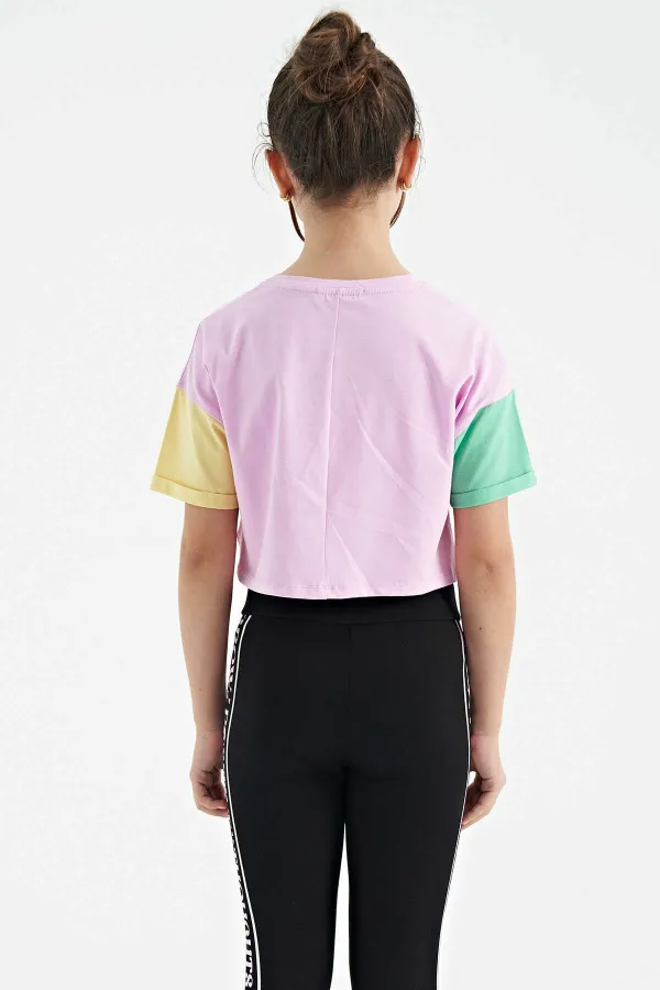 Tommylife Toptan Pembe Yazı Baskılı O Yaka Düşük Omuzlu Oversize Kız Çocuk T-Shirt - 75130