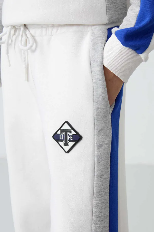 Tommylife Toptan 7-15 Yaş O Yaka Standart Kalıp Kız Çocuk Eşofman Takımı 75165 Ekru