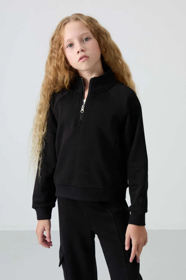 Tommylife Toptan 7-15 Yaş Dik Yaka Standart Kalıp Kız Çocuk Eşofman Takımı 75159 Siyah