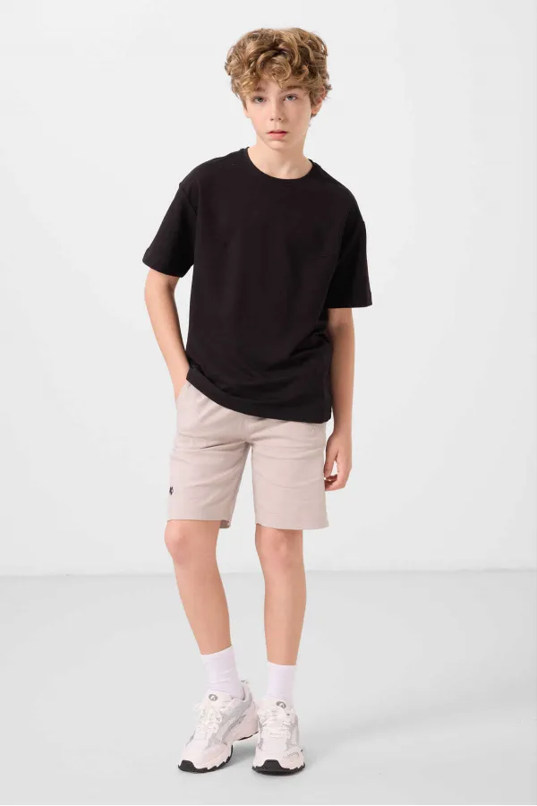 Ensemble short chino garçon Tommylife en coton tissé léger et extensible, coupe oversize, couleur noir et pierre, réf. 11277