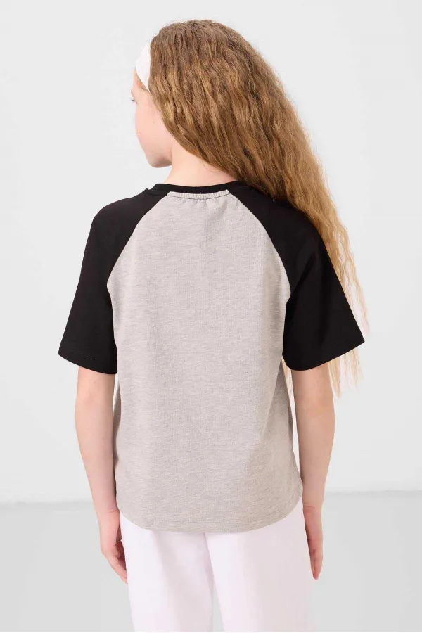 Tommylife Toptan O Yaka  Pamuklu Baskılı Oversize Fit Kız Çocuk T Shirt 75179 Gri Melanj