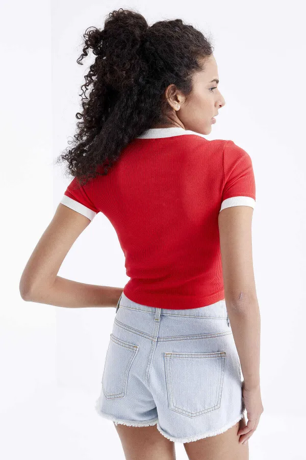 Tommylife Toptan Nar Çiçeği Basic Kol Detaylı O Yaka Kadın Crop Top T-Shirt - 97200