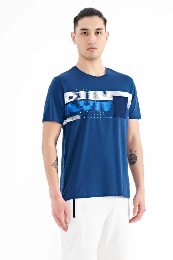 Tommylife Wholesale Indigo Printed Standard Fit Men's T-Shirt with Front Pocket Detail - 88200