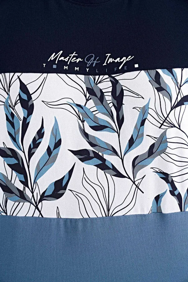 Tommylife Wholesale Navy Blue Gradient Print Detail Crew Neck Standard Fit Men's T-Shirt - 88177