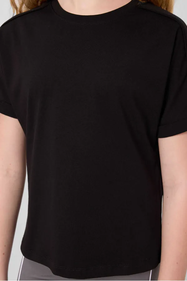 Tommylife Toptan Pamuklu O Yaka Oversize Fit Basic Kız Çocuk T Shirt 75182 Siyah