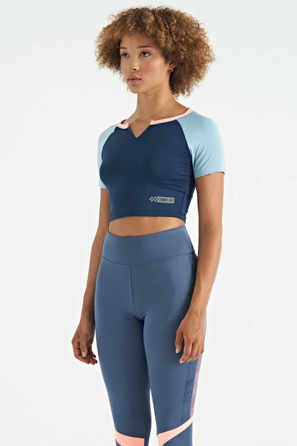 Tommylife Wholesale Indigo Color Block Logo Print Crew Neck Slim Fit Women's Crop T-Shirt - 97270