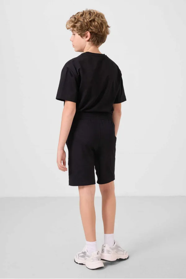 Ensemble short chino garçon Tommylife Wholesale en coton léger et extensible, coupe oversize, noir, réf. 11276