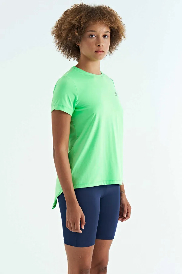 T-shirt femme Tommylife en gros, vert fluo, fendu au dos, col rond, manches courtes, coupe standard - 97267
