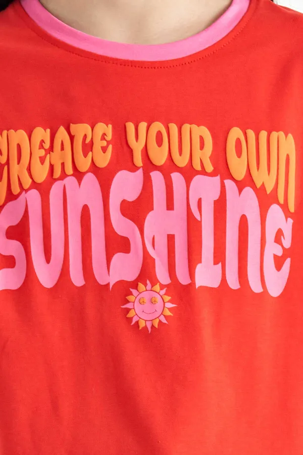 Tommylife Toptan Fiesta Renkli Yazı Baskılı O Yaka Oversize  Kısa Kollu Kız Çocuk T-Shirt - 75111