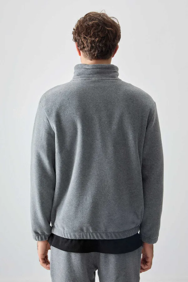 Tommylife Toptan Standart Kalıp Yarım Fermuar Polar Erkek Eşofman Takımı 85159 Gri Melanj