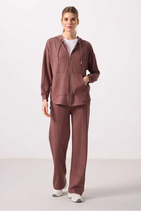 Tommylife Wholesale Soft Texture Hooded Oversize Women's Tunic Sweatshirt - 97302 Brown