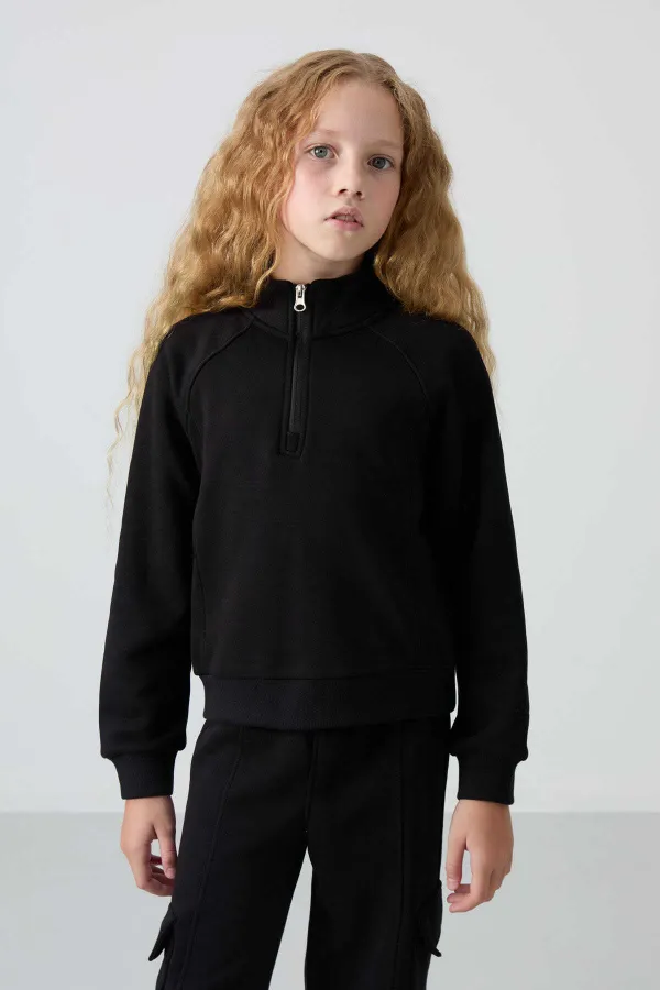 Tommylife Toptan 7-15 Yaş Dik Yaka Standart Kalıp Kız Çocuk Eşofman Takımı 75159 Siyah