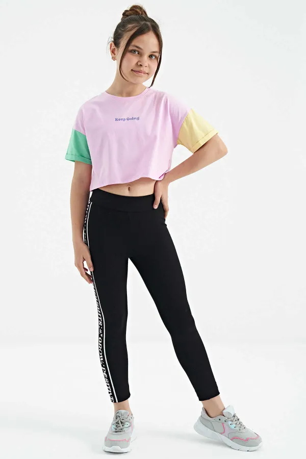 Tommylife Toptan Pembe Yazı Baskılı O Yaka Düşük Omuzlu Oversize Kız Çocuk T-Shirt - 75130