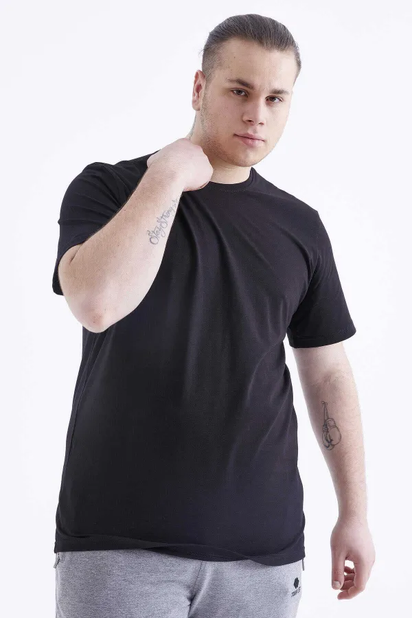 Tommylife Toptan Siyah Basic Kısa Kol O Yaka Büyük Beden Erkek T-Shirt - 88072