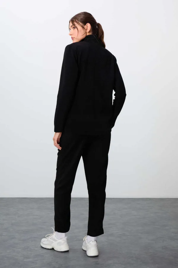 Ensemble de survêtement en polaire Tommylife Wholesale pour femme, coupe classique, col montant, taille oversize, noir, référence 95339