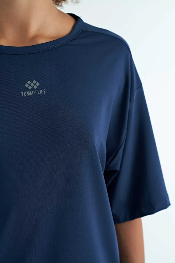 Tommylife Wholesale Indigo Crew Neck Print Detail Oversize Short Sleeve Women's T-Shirt - 97263